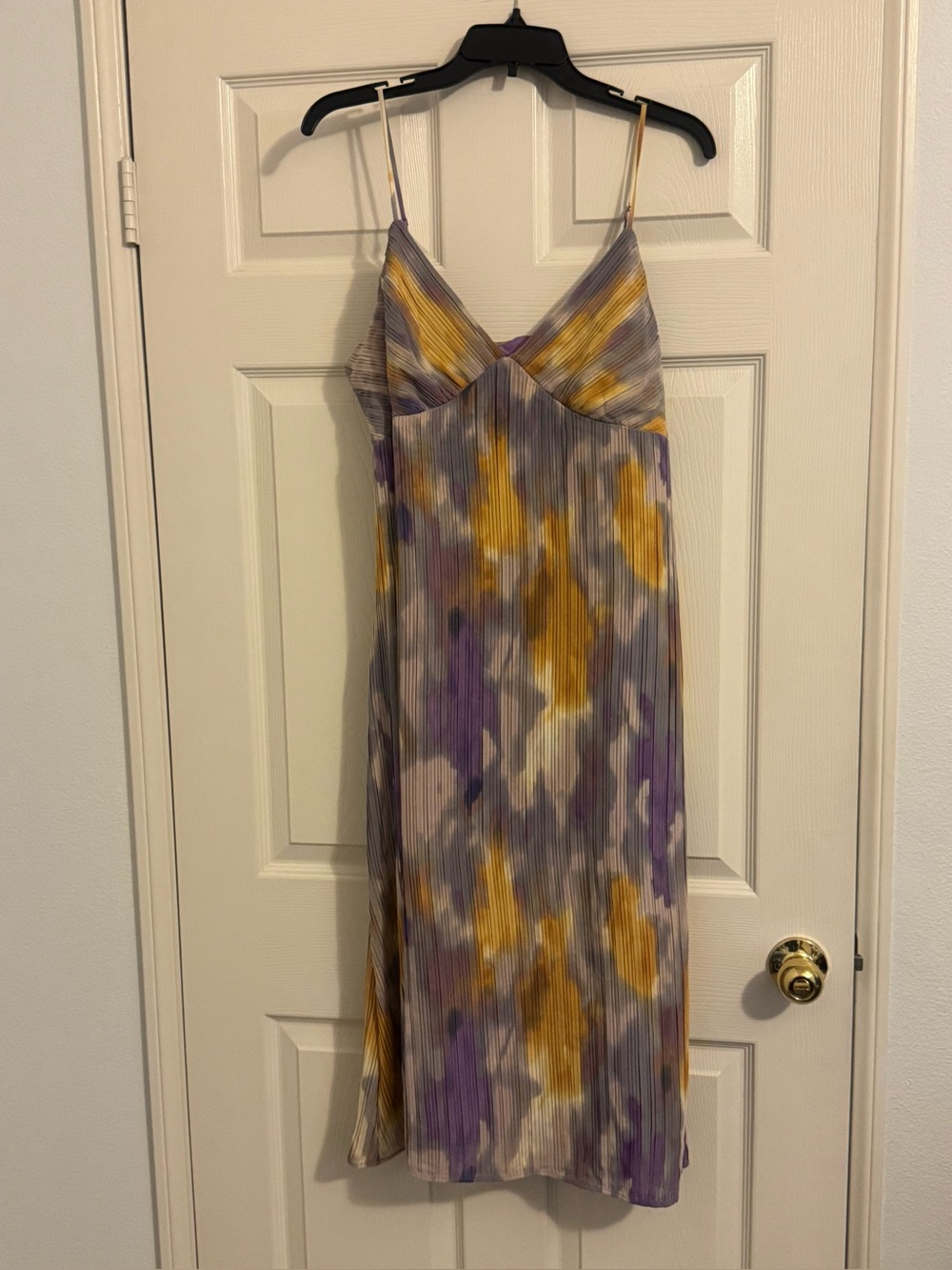 BCBG Spaghetti-Strap Pleated Midi Dress in Purple, Yellow, and Gray Watercolor
